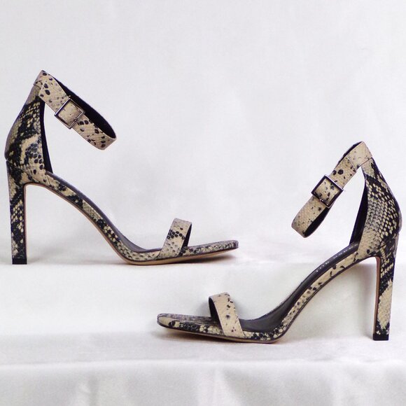 MADDEN GIRL size 11 black/ivory faux-snakeskin ultra-high-heel 2-strap sandals - Picture 1 of 14